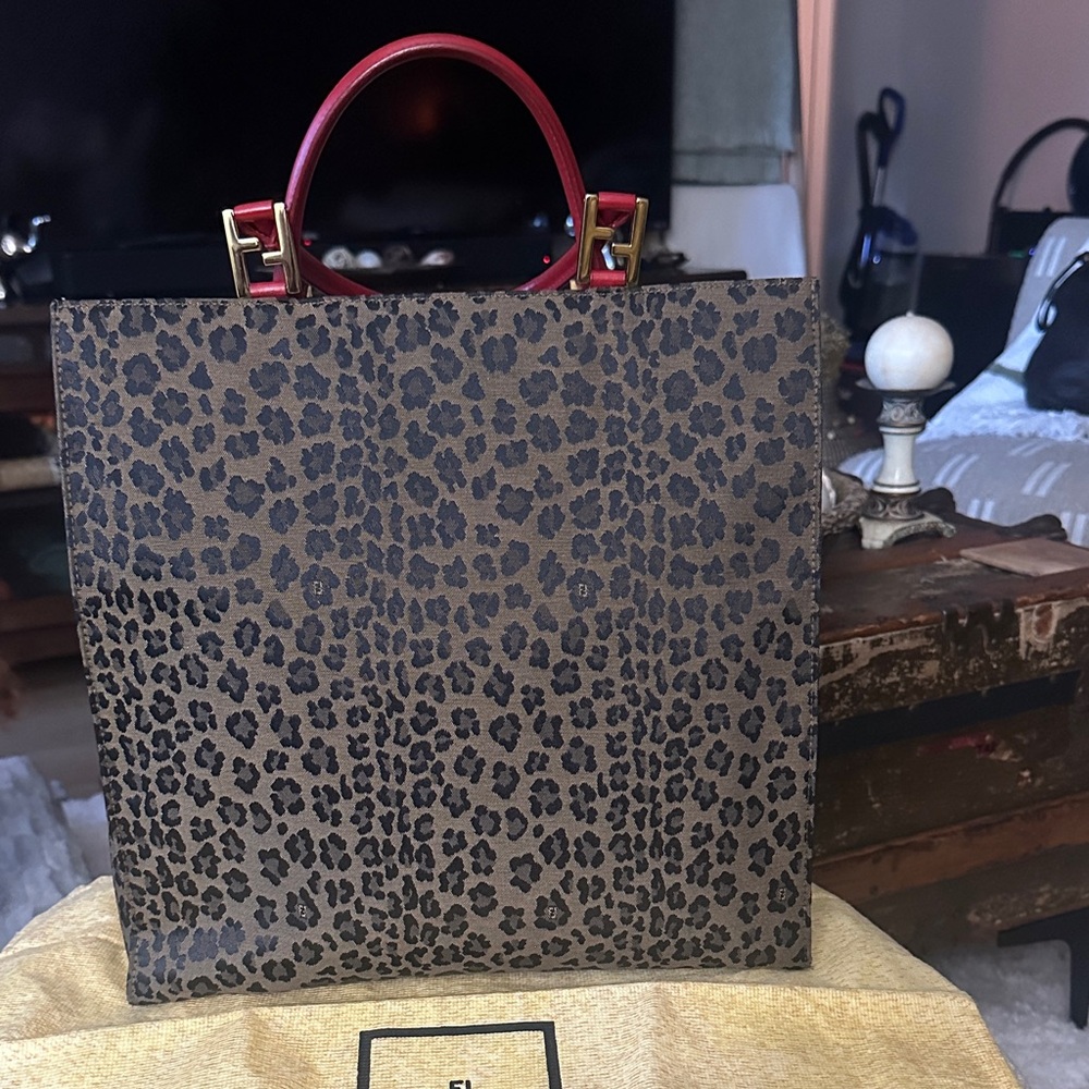 Fendi Leopard Print Tote with Red Handles